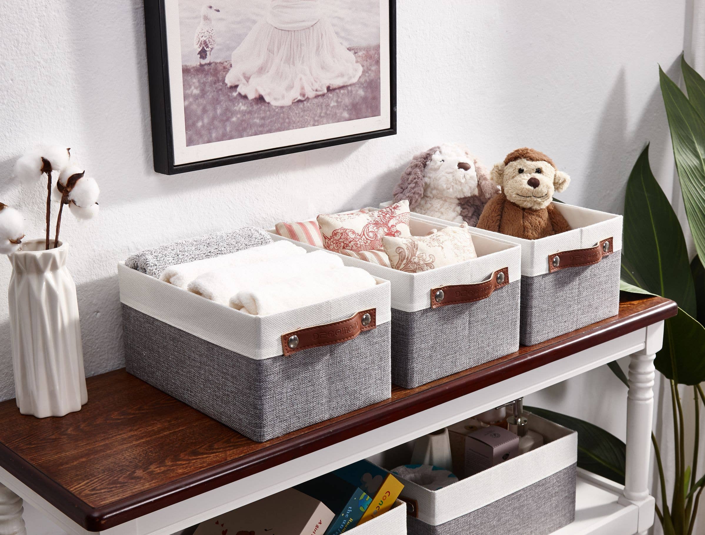 DECOMOMO Collapsible Fabric Storage Baskets, White/Grey, Set of 6