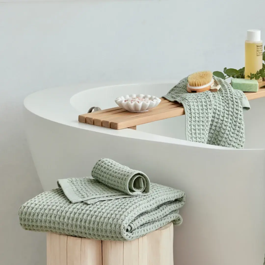 Onsen Waffle Weave Bath Towel Set, Supima Cotton, Sage, 3-Piece